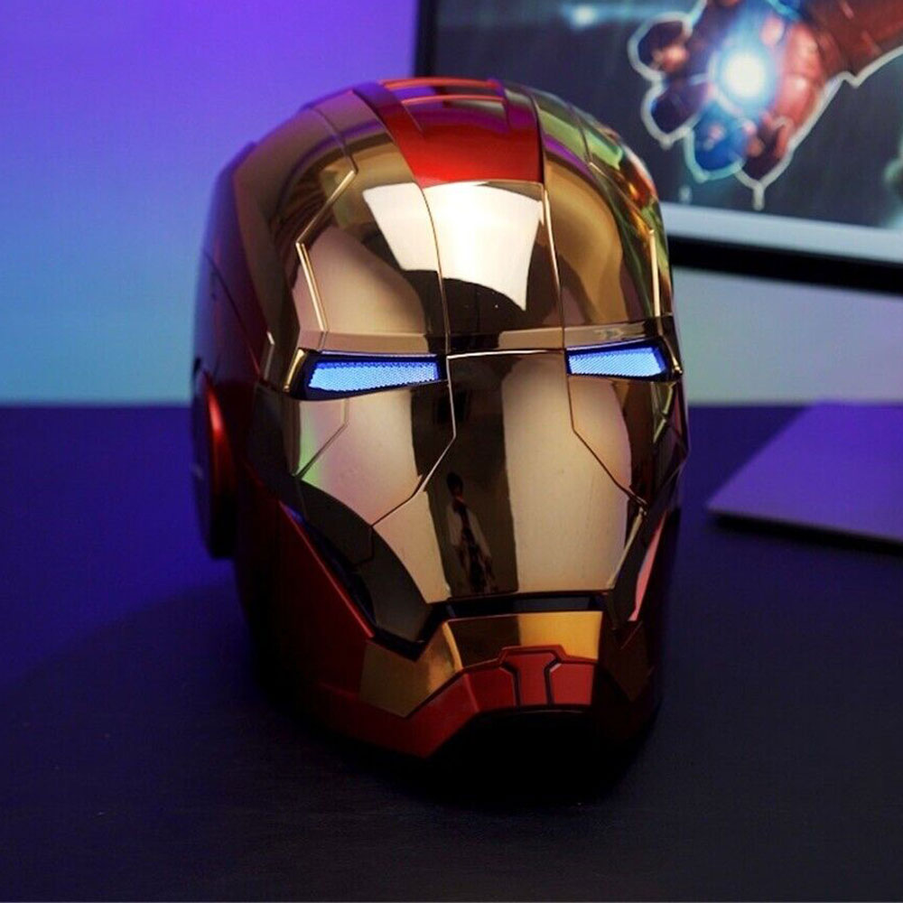 iron man helmet cast for sale 1:1 MK5 Wearable Movie Prop Replica Color:Matte Frequency Blue Retro 3-snap Sunscreen Sun specfeat_USB Rechargeable Light Available while supplies last