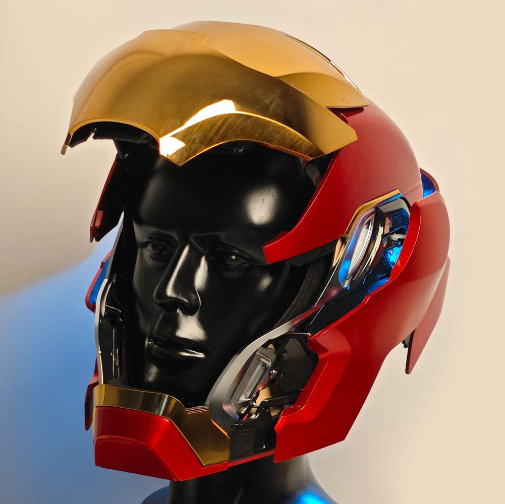 iron man 1 toy helmet Hero MK 5 1:1 Wearable :Voice, Touch, and Remote Control, Realistic Sound Effects, Can Cosplay and Collectible Figures for and Teen Ideal Gift Gold : Toys & Games Section/ lock the mask to make the mask open/close in blocks and eye lights and ear lights switch in different colors 12 XSociety Official MK5 Iron Man